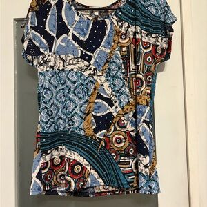 Ava James Blue Graphic Short Sleeve Top with Intricate Design